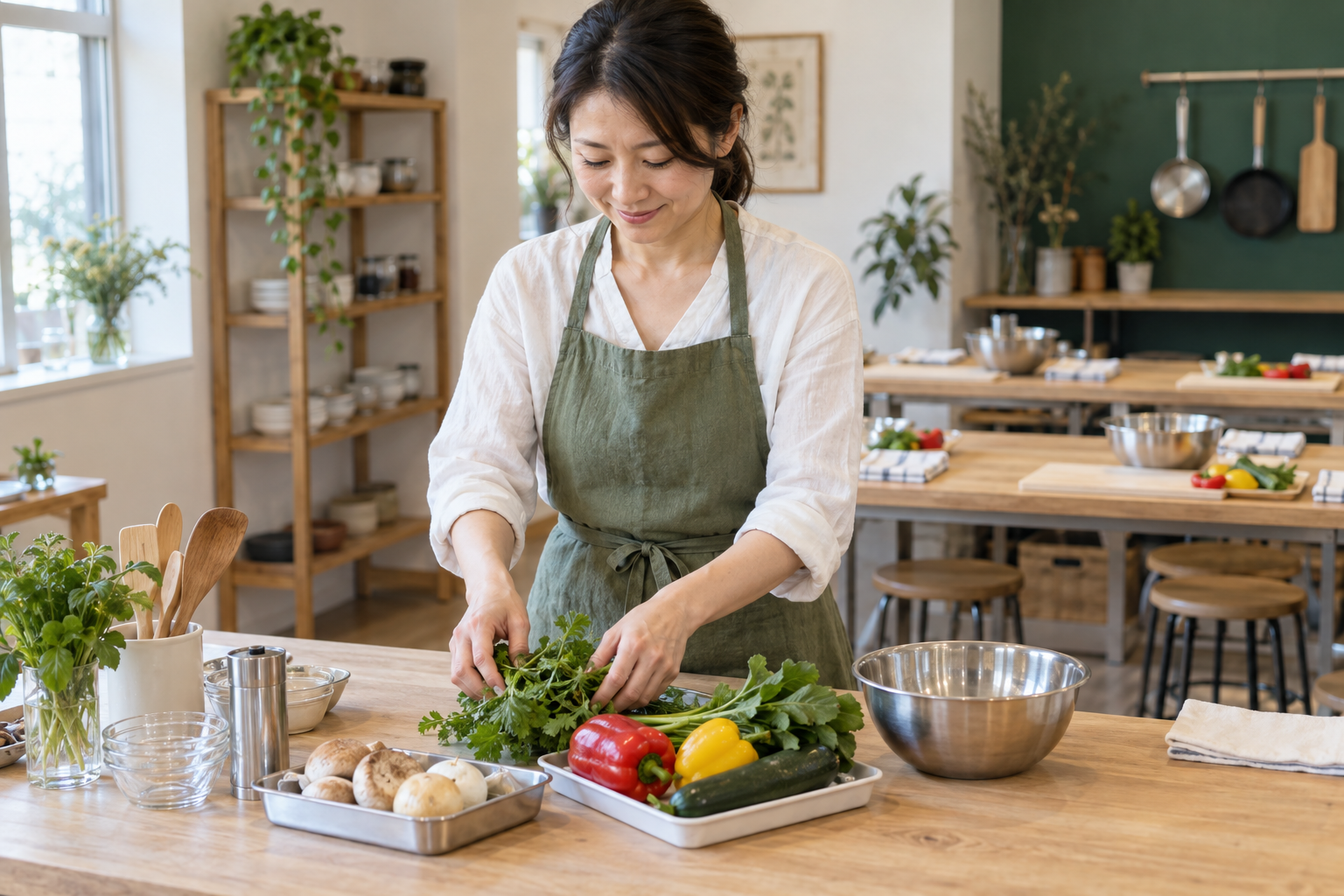 少人数の料理教室で、講師が野菜と調理台を準備している様子(生成画像)