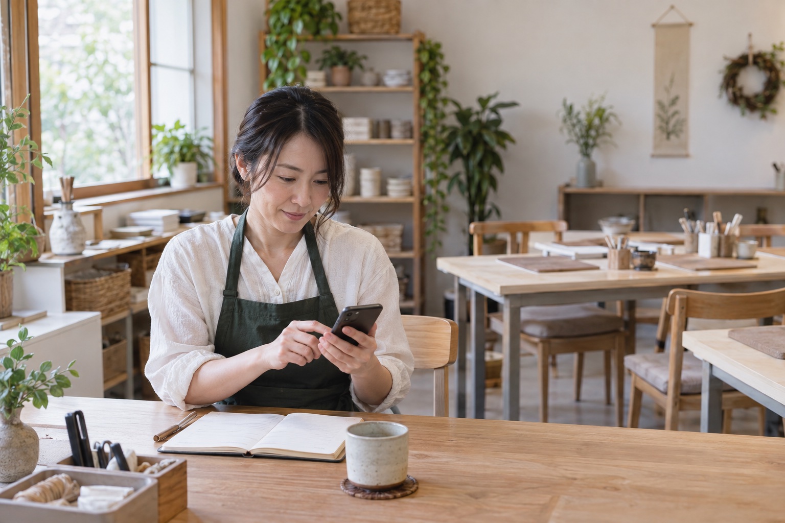 教室の開講前にスマートフォンと手帳で予約を確認するオーナーのイメージ
